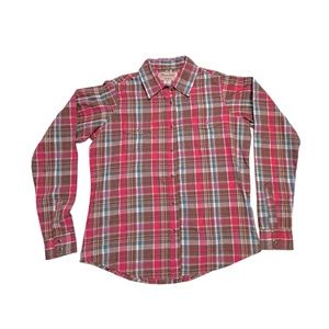 Wrangler Wrancher Womens Medium Pearl Snap Shirt Top Pink Teal Plaid Cowgirl